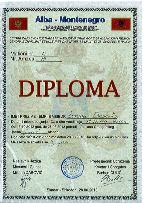 Diploma degree Universiteti i Shkodrës Luigj